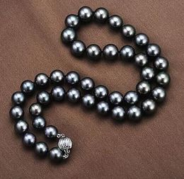 Beautiful round 9-10MM natural black pearl necklace 18 inch 925 silver clasp