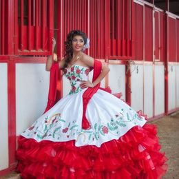 2021 New hite And Red Tiered Draped Embroidery Quinceanera Dresses Ball Gown with Lace-Up Floor Length Prom Party Debutante Sweet 16 Gowns