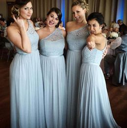 Cheap Blue One Shoulder Bridesmaid Dress Unique Lace Floor Length Long Bridesmaid Dresses Chiffon Beach Bridal Gowns Custom Made Vestios