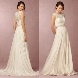 Flowing Two Pieces Bohemian Wedding Dress 2016 Sexy Champagne Sheer Lace Applique Jewel Neck Stunning A Line Chiffon Beach Bridal Dresses
