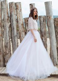 Fabulous Two Piece Lace Wedding Dresses Half Long Sleeve Bohemian Bridal Dress Crop Top Wedding Gowns Tiered Tulle Skirt vestido de noiva