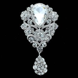 3.9 Inch Extra Large Rhodium Silver CZ Rhinestone Crystal Diamante Tear Drop Crystal Wedding Brooch