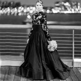 Stunning Gothic Black Wedding Dresses Illusion Bodice High Neck Lace Appliqued Long Sleeves Taffeta Bridal Gowns Sheer Back Dress with Train