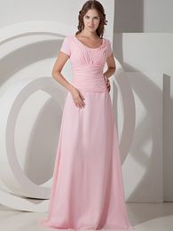 Beads Pink Chiffon Long Modest Bridesmaid Dresses With Short Sleeves Scoop Buttons Back Brides Maid Dresses Real Photos Maids of Honor Dress