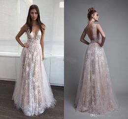 Backless Sexy Prom Dresses Long 2019 Deep V Neck Lace Guest Dresses Light Pink Evening Gowns Formal Wear Floor Length