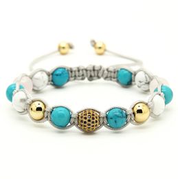 Wholesale 10pcs/lot White Howlite Marble & Turquoise Stone Beads with 9mm Blue Micro Paved Blue Cz Beads Macrame Bracelet