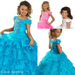 Blue Pink White Girl's Pageant Dress Princess Beaded Ruffles Party Cupcake Prom Dress For Short Girl Pretty Dress For Little Kid