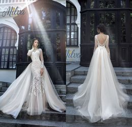 Milva Bridal Wedding Dresses Sexy Wedding Dresses with Detachable Train Sheer Long Sleeves Low Back Lace Mermaid Bridal Gowns