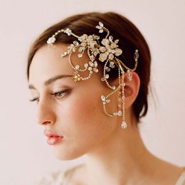 Diseñador de la boda nupcial de cristal de oro peine tocados Clips Rhinestone accesorios para el cabello princesa de la flor pasadores de pelo de la tiara del frente de baile joyería