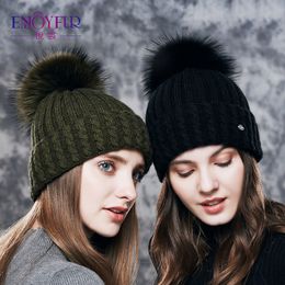 Enjoyfur Knitted Wool Hat For Women Real Raccoon Fur Pompom Thick Warm Women S Caps Good Quality Hats For Autumn Winter Skullies Beanies