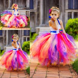 Colourful Rainbow Halter Girls Pageant Dresses 2016 Tulle Ball Gown Flower Girls Dresses With Handmade Flowers Kids Christmas Formal Wear