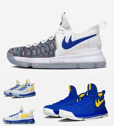 2016 Kevin Durant 9 Hombres Zapatos de baloncesto Guerreros Away Blanco Azul Oro Inicio Azul Amarillo Atheletic Botas Tranining zapatos Zapatillas KD 9