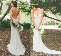 Simple Bohemian Lace Wedding Gowns Boho Casual Country Wedding Dress Sexy Backless Fitted Bridal Gowns Garden Beach Bridal Dress Spaghetti