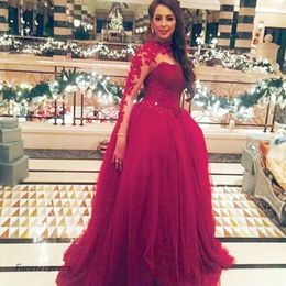 Red Long Sleeves Evening Dress High Neck Tulle Women Wear Special Occasion Dress Prom Party Dress Plus Size vestido de festa longo