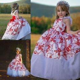 Red And White Ball Gown Flower Girl Dresses Spaghetti Straps Lace Up Back Puffy Girls Pageant Gowns Floor Length Child Formal Party Dress