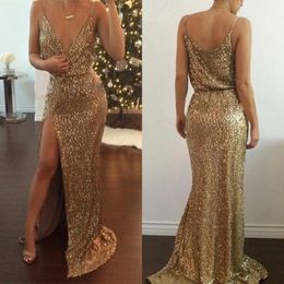 Sexy Gold Sequin Dresses Deep V NeckSpaghtti Prom Evening Gowns High Slit Long Formal Evening Dresses Special Occasion Evening Dresses Uk
