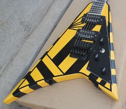 Custom Shop Michael Sweet Fly V Stryper Signature Black Yellow Stripe Electric Guitar Floyd Rose Tremolo, Black Hardware