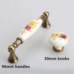 96mm peony porcelain pull handle rural ceramic drawer cabinet knobs bronze dresser retro fashion furniture handles knob