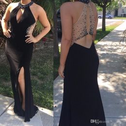 Crystal Beaded Black Prom Dresses split evening dresses Party Dress vestidos de festa Slit Graduation Party Gowns Keyhole Neck fast delivery