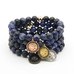 Wholesale 10pcs/lot 8MM Natural Blue Veins Stone with Copper Beads Micro Pave Black CZ Lion Head Charm Bracelets Mens Jewellery