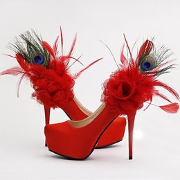 Fashion Red Floral Feather Bridal Shoes Fashion Utra High heel Platform Dress Pumps Women's shoes For Wedding Party Shoes
