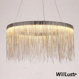 Aluminium chain ring chandelier round pendant lamp fringe chains suspension lighting living sitting room hotel restaurant hall mall light