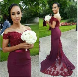 Off Shoulder Burgundy Nigerian Wedding Bridesmaid Dresses 2017 Lace Mermaid Sheer Sweep Train Mermaid Bridesmaid Gowns Custom Made