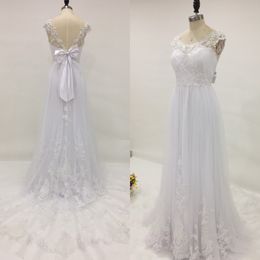 Real Picture Country Beach Wedding Dress Sheer Neck Lace Appliques Backless Bohemian Bridal Gowns with Bow Sash Court Train