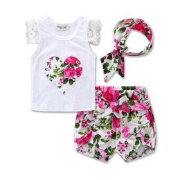 2018 Summer Newborn Baby Girl Clothes Flower Lace Sleeve T-shirt Tops + Shorts Pants + Headband 3PCS Girls Outfits Set Toddler Clothes 0-24M