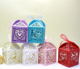 100pcs Laser Cut Hollow Heart Flower Candy Box Chocolates Boxes With Ribbon For Wedding Party Baby Shower Favour Gift