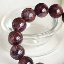 Natural genuino púrpura rojo cristal auralite super-23 acabado estiramiento hombres pulsera redondo gran perlas piedras preciosas 14mm 04323
