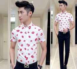 Wholesale-2016 New arrival Men's Clothing air stylist Red lips printing short sleeved Casual shirt Male Fashion slime Leisure Club Tops