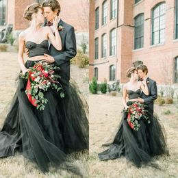 black long gothic wedding dresses UK - Latest 2017 Gothic Black Tulle And Satin Two Pieces Wedding Dresses Sexy Sweetheart Ruched Long Bridal Gowns Custom Made EN8302