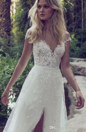 Newest Elegant Lace Appliques Tulle Beach Wedding Dresses High Split V Neck Backless Belt Country Limor Rosen Bridal Gowns303E