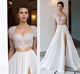 2021 White Wedding Dresses Riki Dalal 2 Pieces with Cap Sleeves Crystal Beads Split Long Chiffon Bohemian Beach Bridal Gowns