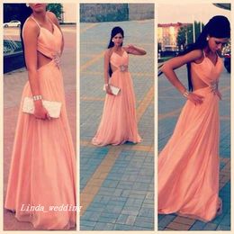 Free Shipping Sexy Peach Salmon Color Chiffon Sleeveless Long Backless Formal Female Prom Evening Dresses Party