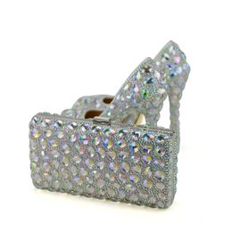 AB Crystal Women High Heel Shoes with Clutch Wedding Party Prom Shoes Matching Bag Beautiful Cinderella Prom Pumps Plus Size