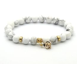 Wholesale 10ps/lot 8mm White Howlite Stone Real Gold Plated Crown CZ Beads Charm Elastic Bracelets Party Gift