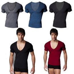 Hot Men's Summer Deep V-neck Short Sleeve Tight-fitting Sports T-shirts For Men Sexy Black Active Running Slim Tops Tees Shirts