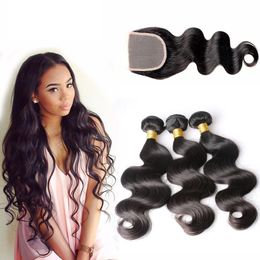 Brazilian Body Wave Human Hair 3 Bundles With Closures Natural Black Colour