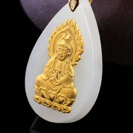 Gold inlaid jade dripping guanyin bodhisattva. Talisman necklace pendant