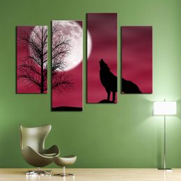 4 pezzi lupo che lupo pittura lupo al chiaro di luna immagine sfondo rosso stampa su tela animale per la casa arredamento moderno con cornice in legno