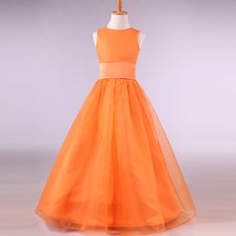 Satin Organza Long Flower Girl Dress Orange 2019 Jewel Neck Mother Daughter Gowns Floor Length Kids Evening Gowns