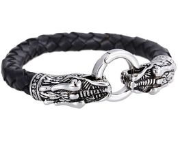 Top Quality Casting Biker Double dragon Heads design Genuine Leather Stainless Steel Bracelet Men's Holiday Gift 8.26" Bangle