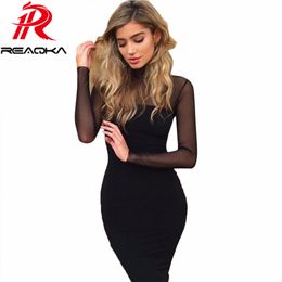 -Reaqka abiti eleganti per donna 2017 dolcevita manica piena guaina sexy moda pizzo nero vestito maglia donne casual party dress q1113