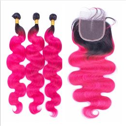 T1B Pink Ombre Virgin Brazilian Body Wave Hair With Closure 4Pcs Lot Dark Roots Two Tone Coloured 3Bundles With 1Pc 4x4 Lace Closure