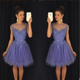 Lavender Beautiful Homecoming Dresses Jewel Sheer Neck With Applique Beading Prom Gowns Tiered Ruffles Knee-Length Custom Made Party Dress