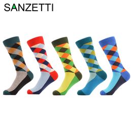 Wholesale- SANZETTI 5 pair/lot Man Diamond Colorful Funny Sock Spring Autumn Socks grid Socks MEN Mixed color In the summer