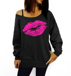 Sexy Lips Printed Hooded Women Fashion one Shoulder Loose Pullovers Crewneck Tracksuit Sweatshirt Casual Pullover Blusas Mujer for Female