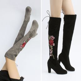New Women Long Boots Knee Length High Heels Embroidery Booties Winter Thicken Slip-on Leisure Shoes Chinese Style Large Size Eu 35-43